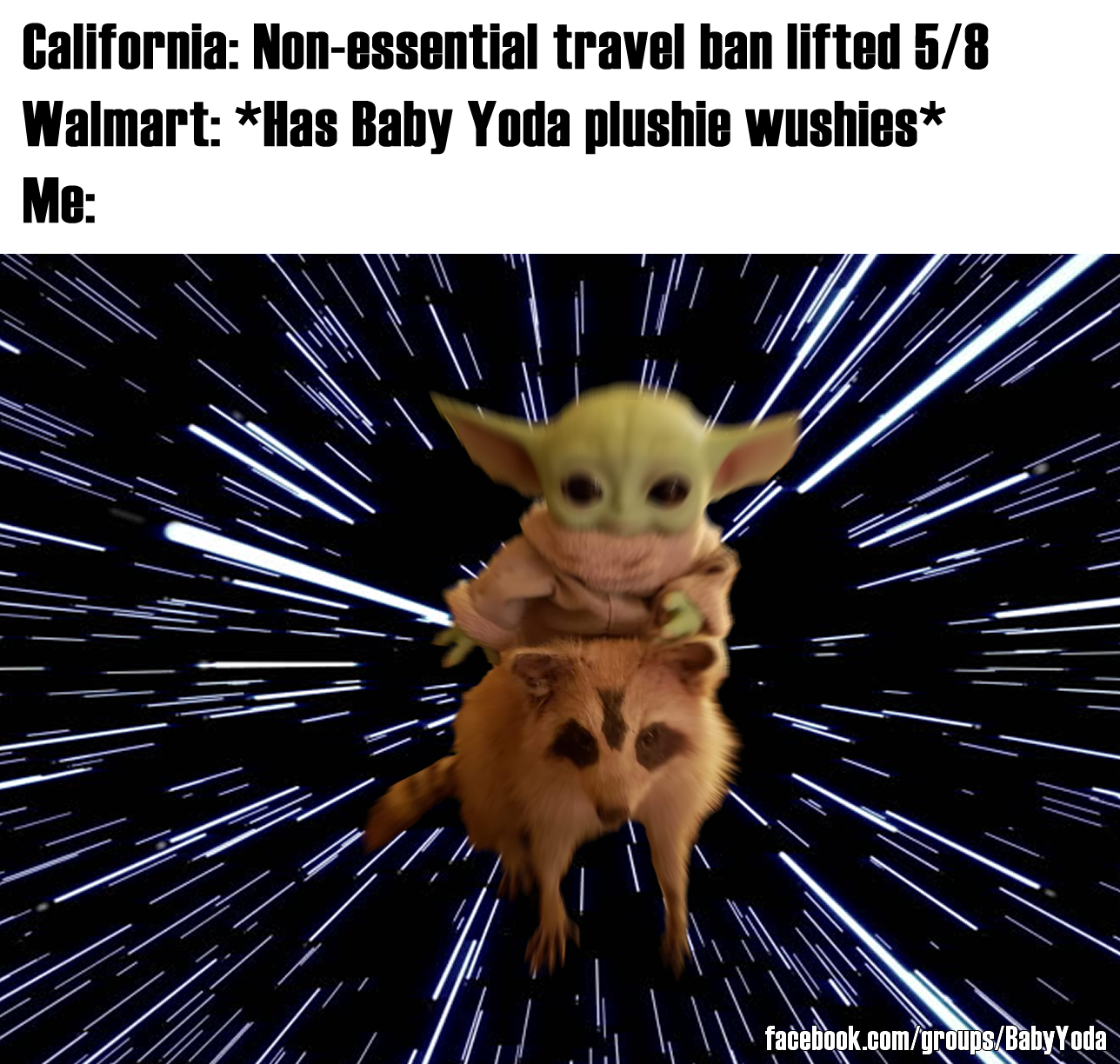 The meme is a humorous comparison between the COVID-19 pandemic's impact on California's travel restrictions and the relaxed rules at Walmart. The image features a humorous illustration of Baby Yoda from the Star Wars franchise, with the text "California: Non-essential travel banned" and "Walmart: Non-essential travel encouraged" above and below the image, respectively.